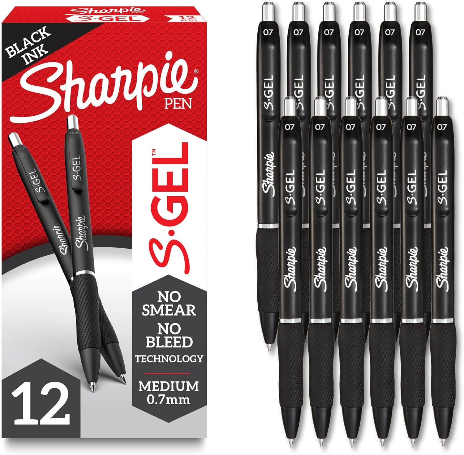 Sharpie S Gel Gel Pens, Black Barrel, Medium Point (0.7mm), Black Gel Ink Pens, 12 Count   Home, Office, School, Journaling, Writing, Note Taking, Teacher Supplies